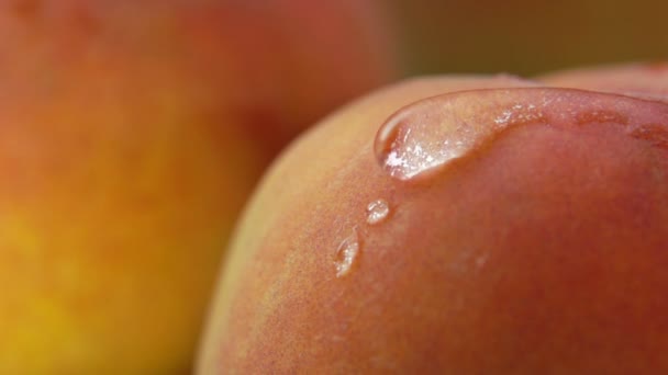 清澈的水滴从多汁的桃子表面流下的特写 — 图库视频影像