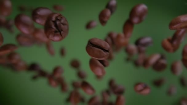 Close-up of Arabica coffee beans flying diagonally on the olive green background — Stock Video