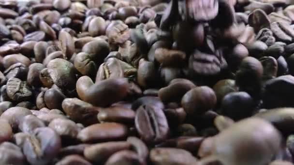 Крупним планом падаючі кавові зерна на кавовій текстурі в повільному русі — стокове відео