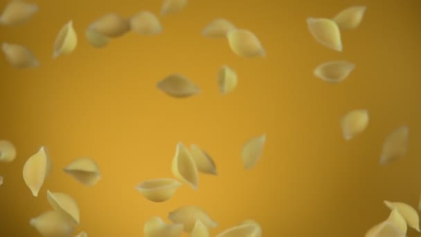 Suché italské těstoviny Conchiglie rigate letí na žlutém pozadí — Stock video
