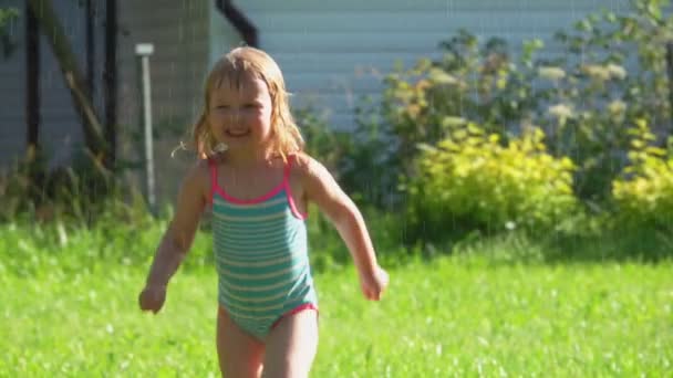 La graziosa bambina sta correndo intorno a un irrigatore d'acqua girevole sul prato — Video Stock