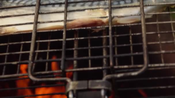 바베큐 그릴에서 굽고 튀기는 맛있는 흰 생선의 근접 사진 — 비디오