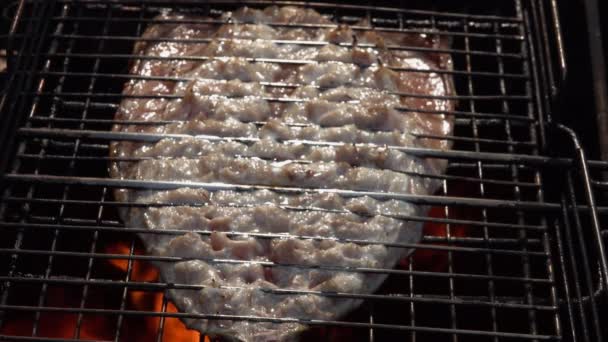 Vista superior de un delicioso pescado blanco asado y volteado en la parrilla de la barbacoa — Vídeo de stock