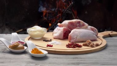 Açık ateşin arka planında baharat ve soslu çiğ tavuk budu.