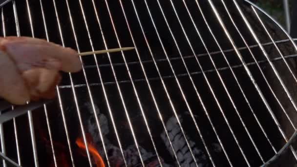 Hand is placing wooden skewer with delicious chicken wings on the grill grid — Stock Video