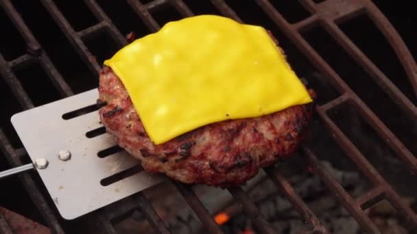 Una chuleta de carne casera para una hamburguesa con queso cheddar derretido en la parte superior — Vídeos de Stock