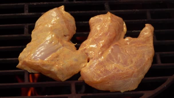 Крупный план сырого филе курицы в маринаде жарки на решетке гриль — стоковое видео