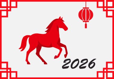 2026 yılı için Çin burcunu sembolize eden kırmızı bir atın vektör çizimi. Geleneksel fener ve kalın tipografi ile dekoratif çerçeve.