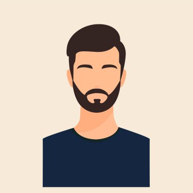 Siyah saçlı, sakallı ve günlük kıyafetleri olan bir gencin minimalist düz vektör çizimi. Modern erkek avatar tasarımı, profil simgeleri, sosyal medya, uygulamalar, web siteleri veya grafik projeleri için uygundur.
