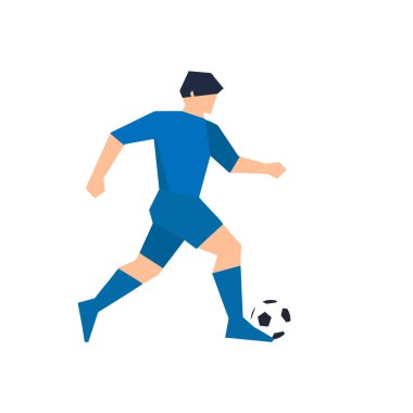 Mavi üniformalı bir futbolcunun futbol topunu tekmeleyip koşmasının minimalist düşük-polyester stil vektör çizimi. Basit geometrik şekiller, temiz tasarım ve beyaz arkaplan üzerindeki sınırlı renk paleti
