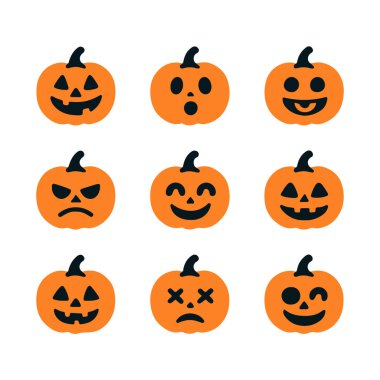 Farklı yüz ifadeleri olan dokuz Cadılar Bayramı balkabağı koleksiyonu. Beyaz arkaplanda izole edilmiş, çizgi film tarzında kriko fener simgelerinin düz vektör çizimi.