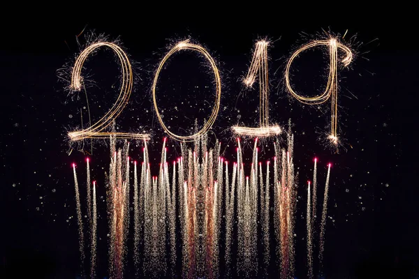 Happy New Year 2019 Text Written Sparkle Fireworks Isolated Black — Stock Photo, Image