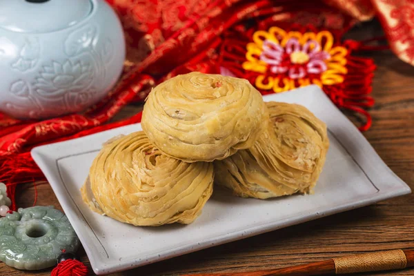 Antigua Pastelería China Hojaldre Escamoso Horno Con Relleno Frijol Mungo — Foto de Stock