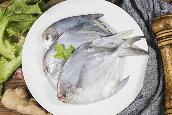 Masanın üzerine taze Pomfret