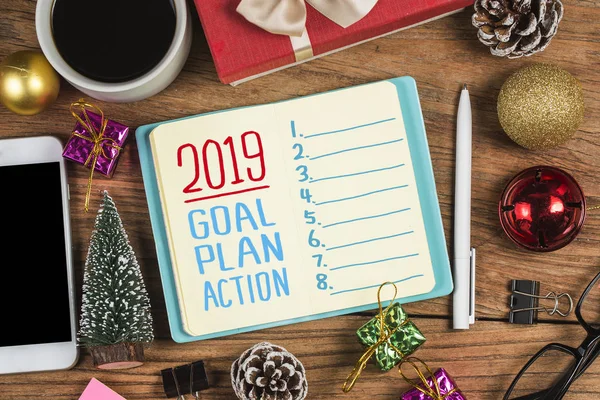 2019 Nieuwjaar Doel Plan Actie Tekst Kladblok Met Toebehoren Voor — Stockfoto