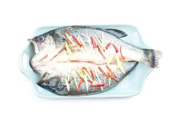 Plate Delicious Steamed Bass — Stock Photo, Image