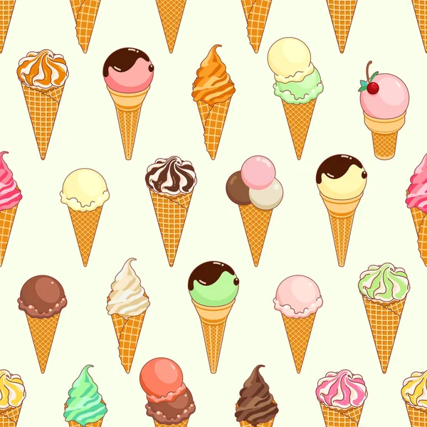 Seamless pattern of colorful ice creams on gently beige background with stars and circles. Cartoon illustration for web, site, advertising, banner, poster, flyer, business card. Vector illustration. — Stock Vector