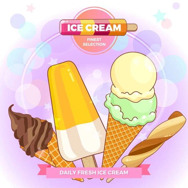 冰淇淋海报。明亮的彩色冰淇淋, 华夫饼锥, 冰棒在一个美丽的背景。卡通插图为网络, 广告, 横幅, 海报, 传单, 名片。矢量插图. — 图库矢量图片