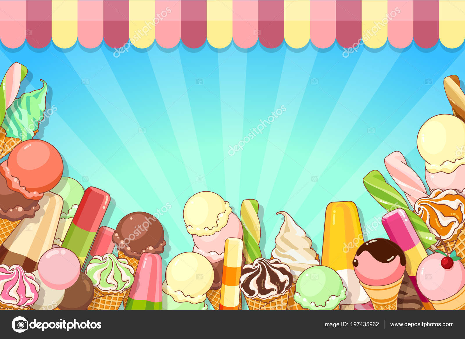 Ice cream poster. Brightly colored ice cream, waffle cones, popsicles on a  beautiful background. Cartoon illustration for web, advertising, banner,  poster, flyer, business card. Vector illustration. Stock Vector Image by  © #197435962