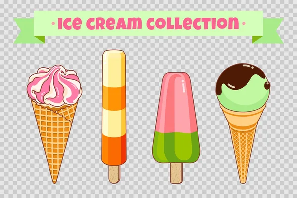Ice cream collection at transparent background. Colorful bright ice cream, waffle cones and fruit ice. Cartoon illustration for web, advertising, banner, poster, flyer. Vector illustration. — Stock Vector