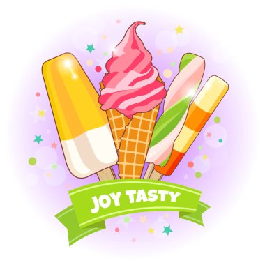 Dondurma afişi. Parlak renkli dondurma, gözleme koniler, güzel bir arka plan üzerinde çubuklu dondurmayı. Web, reklam, afiş, poster, afiş, kartvizit için illüstrasyon karikatür. Vektör çizim.