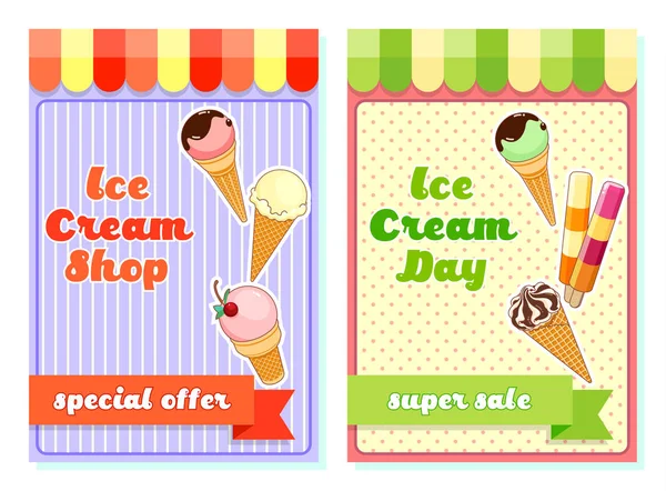 Ice cream poster. Brightly colored ice cream, waffle cones, popsicles on a beautiful background. Cartoon illustration for web, advertising, banner, poster, flyer, business card. Vector illustration. — Stock Vector