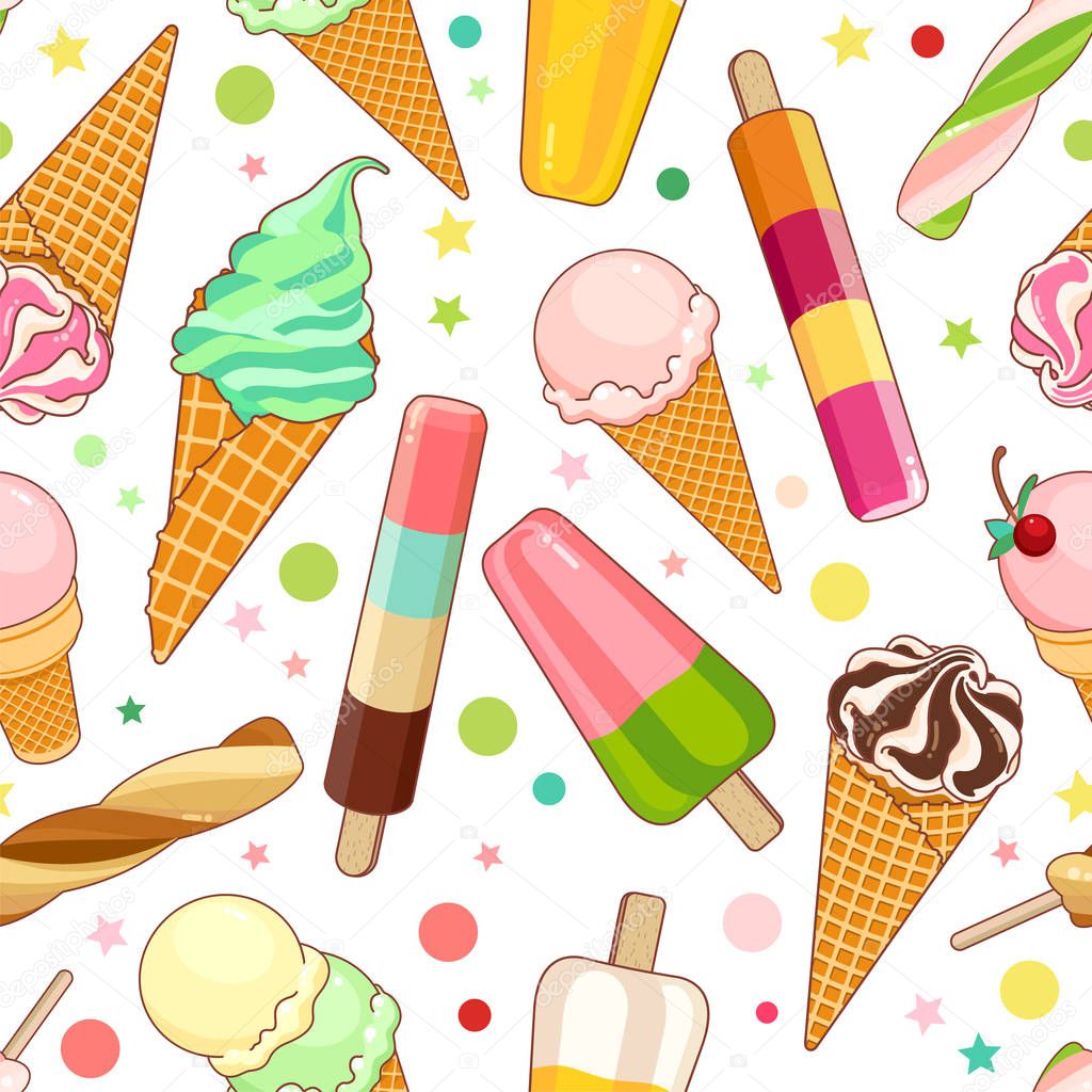 Seamless pattern of colorful ice creams on white background with stars and circles. Cartoon illustration for web, site, advertising, banner, poster, flyer, business card. Vector illustration.
