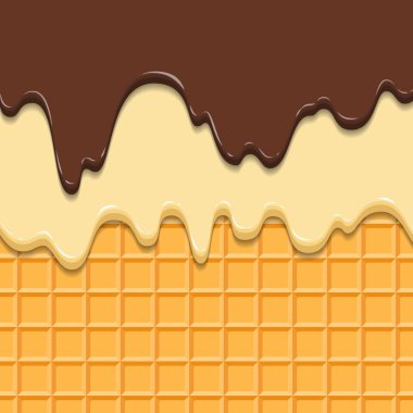 Desen gözleme doku buzlanma dondurma damlama erir. Parlak çikolatalı vanilyalı krem çıtır koni çizgiler. Karikatür resmi web, reklam, afiş, kartvizit için. Vektör çizim.