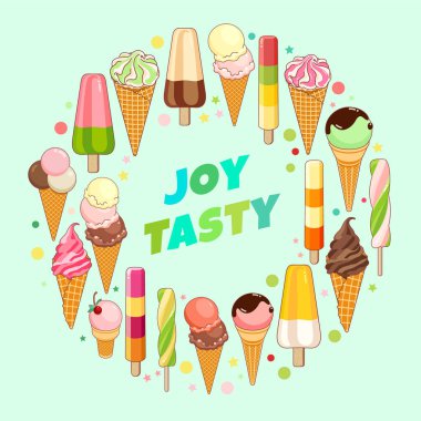 Dondurma afişi. Parlak renkli dondurma, gözleme koniler, güzel bir arka plan üzerinde çubuklu dondurmayı. Web, reklam, afiş, poster, afiş, kartvizit için illüstrasyon karikatür. Vektör çizim.