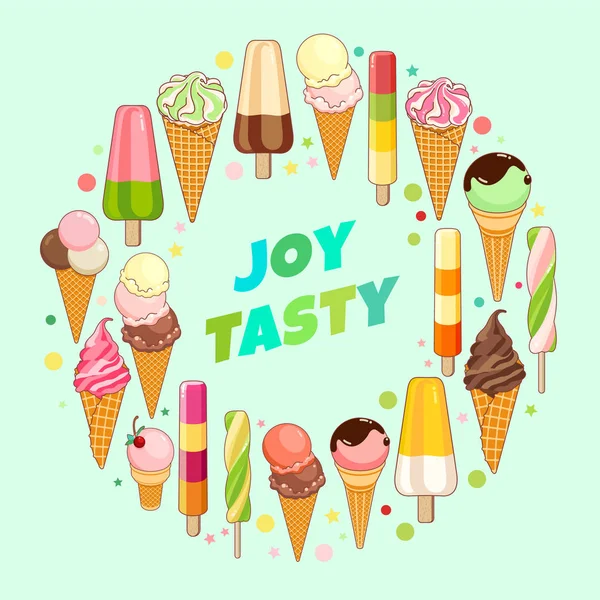 Dondurma afişi. Parlak renkli dondurma, gözleme koniler, güzel bir arka plan üzerinde çubuklu dondurmayı. Web, reklam, afiş, poster, afiş, kartvizit için illüstrasyon karikatür. Vektör çizim.