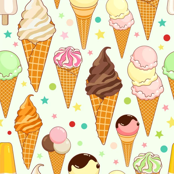 Seamless pattern of colorful ice creams on soft green background with stars and circles. Cartoon illustration for web, site, advertising, banner, poster, flyer, business card. Vector illustration. — Stock Vector