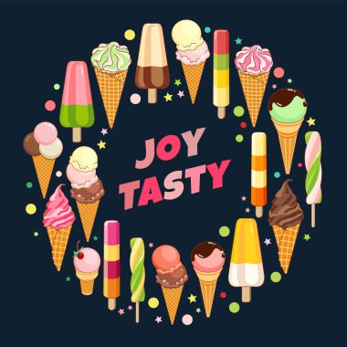 Dondurma afişi. Parlak renkli dondurma, gözleme koniler, güzel bir arka plan üzerinde çubuklu dondurmayı. Web, reklam, afiş, poster, afiş, kartvizit için illüstrasyon karikatür. Vektör çizim.