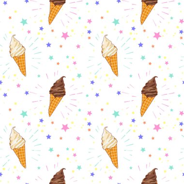 Seamless modeli yıldız ve daireler ile pembe arka plan üzerinde renkli buz kremler. Web, site, reklam, afiş, poster, afiş, kartvizit için illüstrasyon karikatür. Vektör çizim.