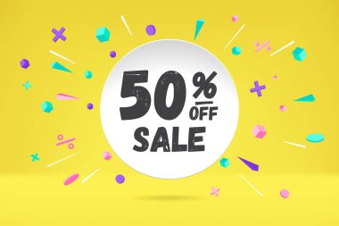 Beyaz kağıt kabarcık bulutla metin 50 Off Satılık Satılık, alışveriş promo afiş, indirim tasarım. Vektör poster bulut ile konuşmak, metin mesajı, patlama grafik öğeleri kavramı memphis geometrik tarzı.