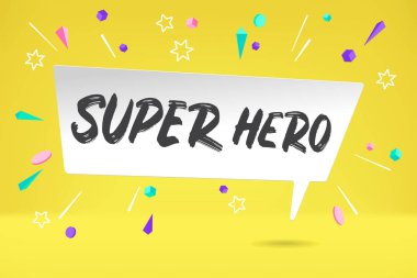 Beyaz kağıt balon bulut duygu, motivasyon, pozitif tasarım için metin Super Hero ile. Poster bulut ile konuşmak, metin mesajı, patlama grafik öğeleri kavramı memphis geometrik tarzı. Vektör.