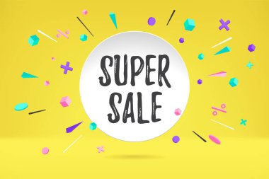 Beyaz kağıt kabarcık bulut ile metin Super Satılık Satılık, alışveriş promo afiş, tasarım indirim. Vektör poster bulut ile konuşmak, metin mesajı, patlama grafik öğeleri kavramı memphis geometrik tarzı.