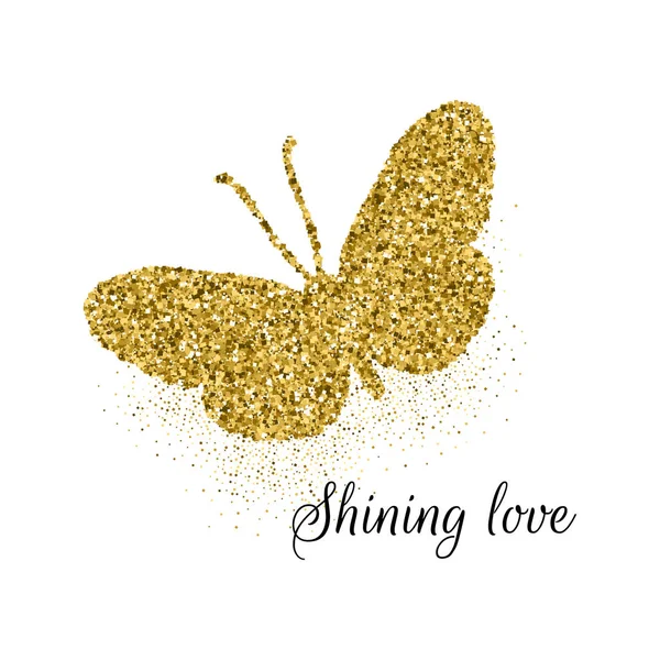 Butterfly gyllene glitter söt ikonen med texten lyser kärlek. Vacker sommar gyllene siluett på vitt. För bröllop, mode, smycken, tatuering, lyx dekorativa design element vektorillustration. — Stock vektor