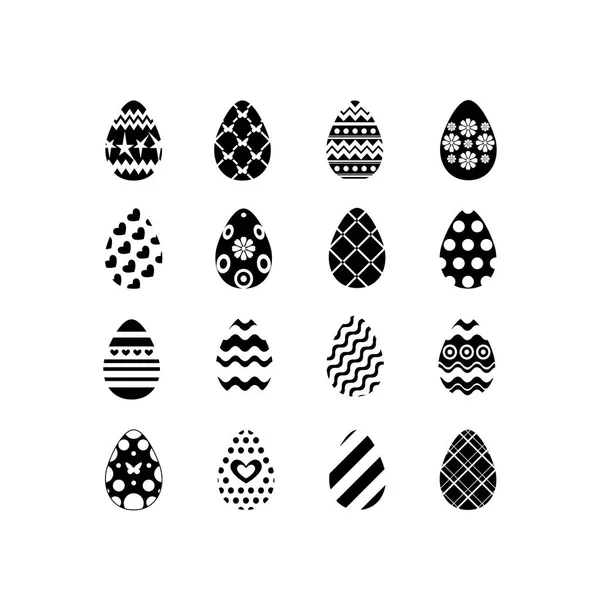 Set von schwarz-weißen glücklichen Ostereiern Silhouetten auf weißem Hintergrund mit verschiedenen Ornamenten und Texturen. Vektorillustration. — Stockvektor