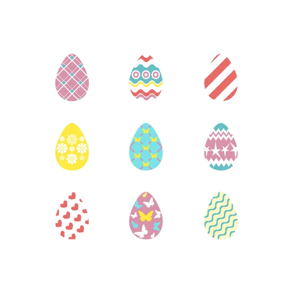 Набор красочных счастливых силуэтов пасхальных яиц на белом фоне с различными орнаментами и текстурами. Яйца в коралловых, желтых, бирюзовых, розовых цветах. Векторная иллюстрация . — стоковый вектор