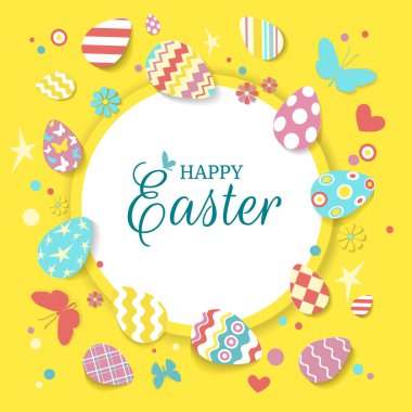 Paskalya yumurtası dekoratif çerçeve kompozisyon. Yumurta, kelebekler, çiçekler ve kalpler ile Happy Easter tebrik kartı. . Mercan, sarı, Turkuaz, pembe renkli vektör düz Illustration.