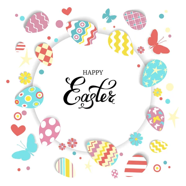 Easter eggs decorative frame composition. Happy Easter greeting card with hand draw lettering, eggs, butterfly, flower and heart on white. Vector flat illustration in coral, yellow, turquoise, pink. — Stock Vector