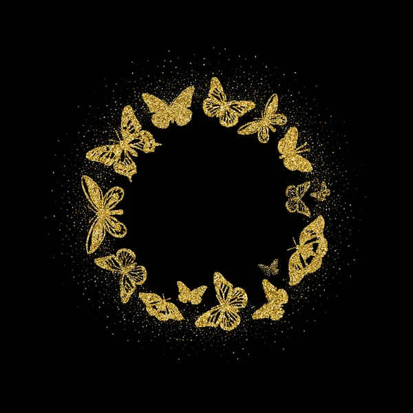 Круглий золотий блиск метеликів. Красиві золоті силуети зі світлом на чорному тлі. Для запрошення, моди, розкоші, декоративних елементів абстрактного дизайну. Векторні ілюстрації . — стоковий вектор