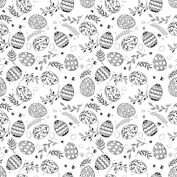 Modello di Pasqua senza cuciture con uova ornamentali nere disegnate a mano, foglie, farfalle su sfondo bianco. Pasqua sfondo vacanza. Illustrazione vettoriale . — Vettoriale Stock
