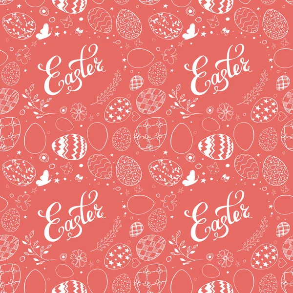 Seamless easter pattern with ornamental white hand drawn eggs, leaves, butterflies and lettering Easter on coral background. Easter holiday background. Vector illustration. — Stock Vector