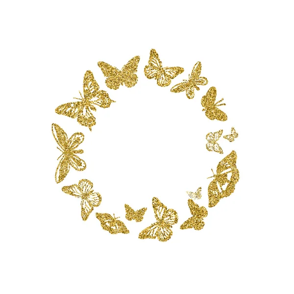 Ronde de papillons aux paillettes dorées. Belles silhouettes dorées sur fond blanc. Pour invitation de mariage, mode, luxe, éléments de conception abstraits décoratifs. Illustration vectorielle . — Image vectorielle