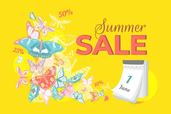 Summer sale banner with colorful butterflies flying from calendar on yellow background. Vector illustration. — Stock Vector