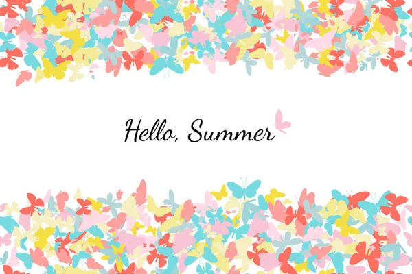 Composición de mariposas coloridas vectoriales sobre fondo blanco con texto Hello Summer. Patrón decorativo de franja horizontal sin costuras . — Vector de stock