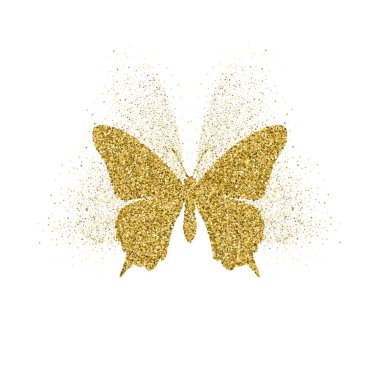 Parıltılı parıltılı kelebek altın parıltı lı ikonu. Beyaz güzel yaz altın siluet. Düğün için, moda, süs eşyaları, dövme, lüks dekoratif tasarım elemanları Vektör illüstrasyon