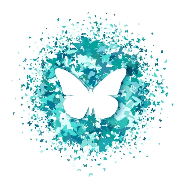 White butterfly on round of turquoise glitter confetti butterflies on white background. Vector. Creative concept for wedding invitations, cards, tickets, congratulations, branding, logo, label. — Stock Vector