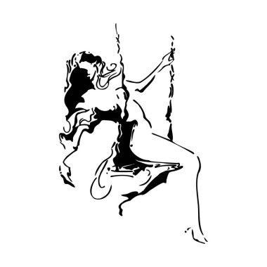 Bir salıncak el çizilmiş vektör illüstrasyon güzel kız. Beyaz arka planda zerafet romantik kadın Sketch. Kartlar, posterler, düğün, moda, illüstrasyon, dövme için